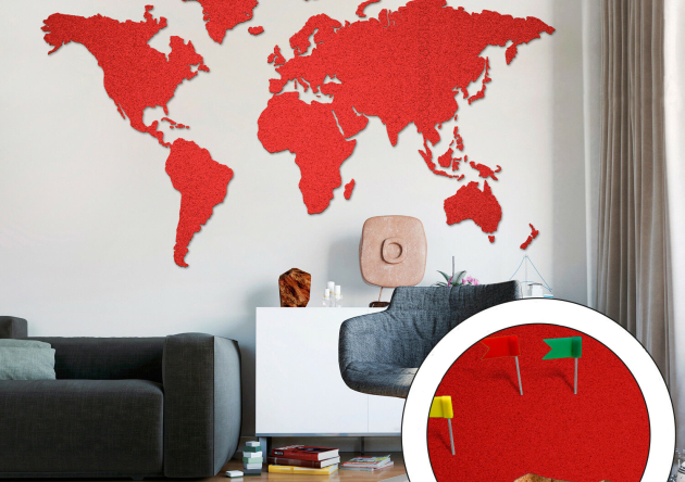 korkowa mapa świata 200x105cm czerwona samoprzylepna